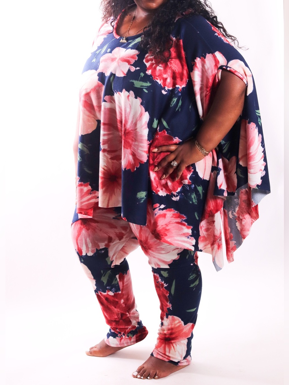 Plus-Size Navy Floral Two-Piece Pantsuit with Flowing Tunic